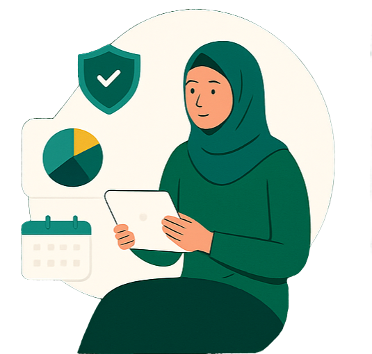 Ilustrasi perempuan berhijab dengan tablet, grafik, dan ikon keamanan